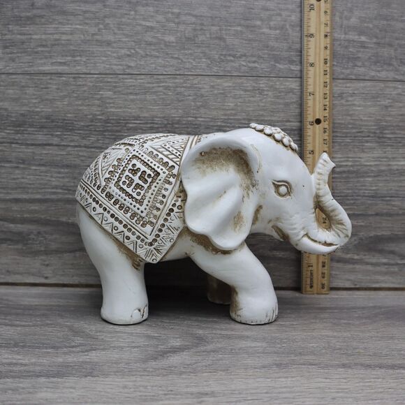 Elephant Figurine Carved Tribal Trunk Up Lucky Statue Resin Home Decor - Picture 2 of 14